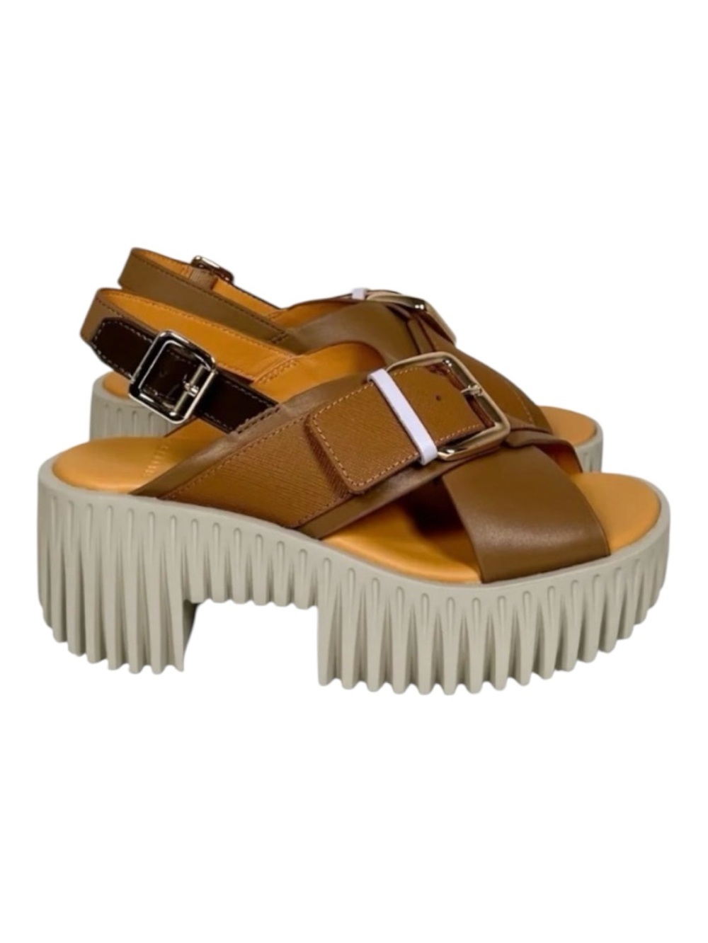 4CCCCESS Plia Juno Platform Sandal White Ridged Sole,Tan size EU38/US7.5-8, NWOT